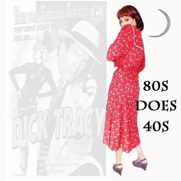 40s Style Red Dress, Sailor Collar Floral Frock with Pockets VFG 80s Vintage - Picture 1 of 14